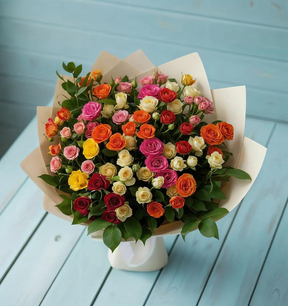Букет Микс из разноцветных кустовых роз в Юрюзани