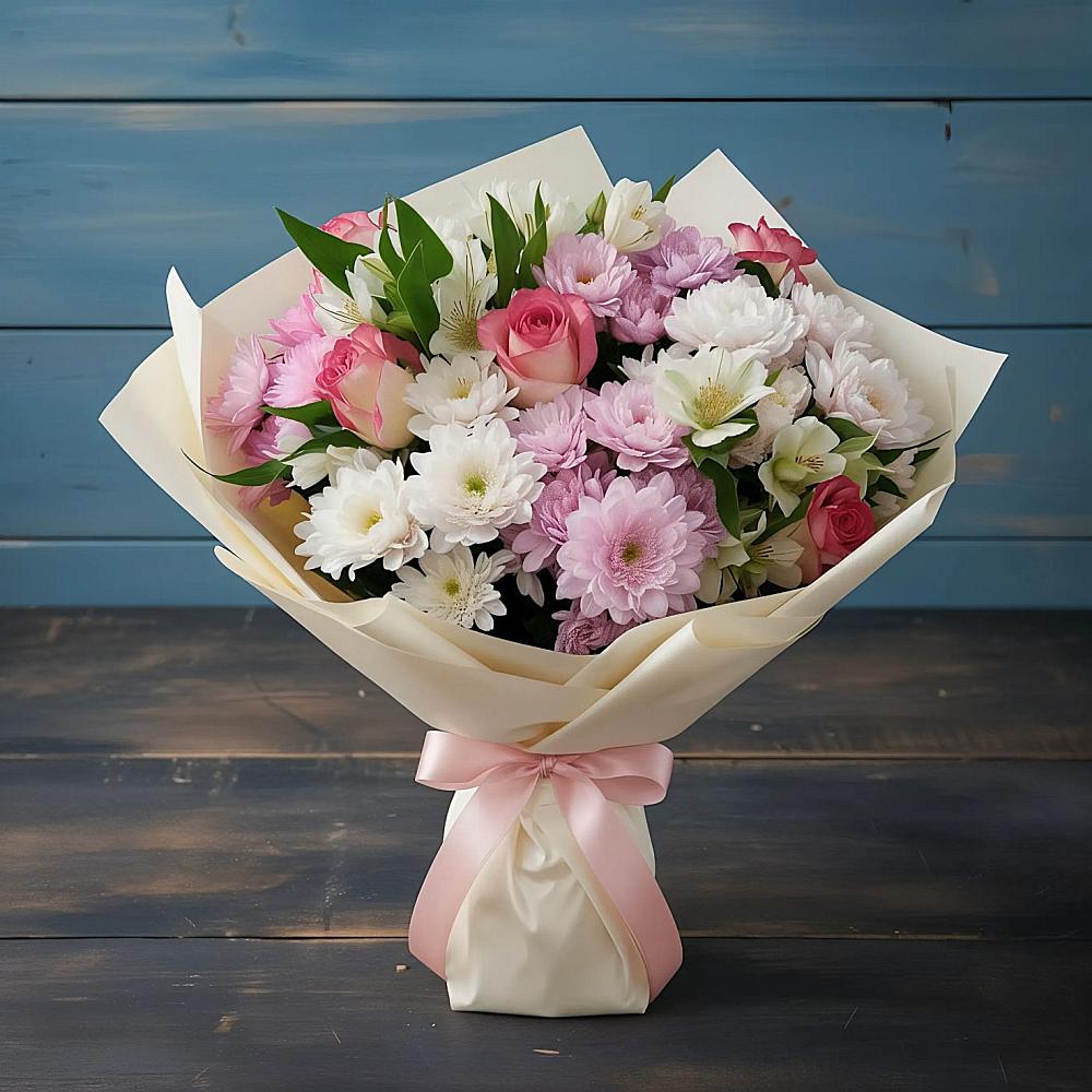 Букет цветов из: Хризантемы, Альстромерии и Розы в Юрюзани